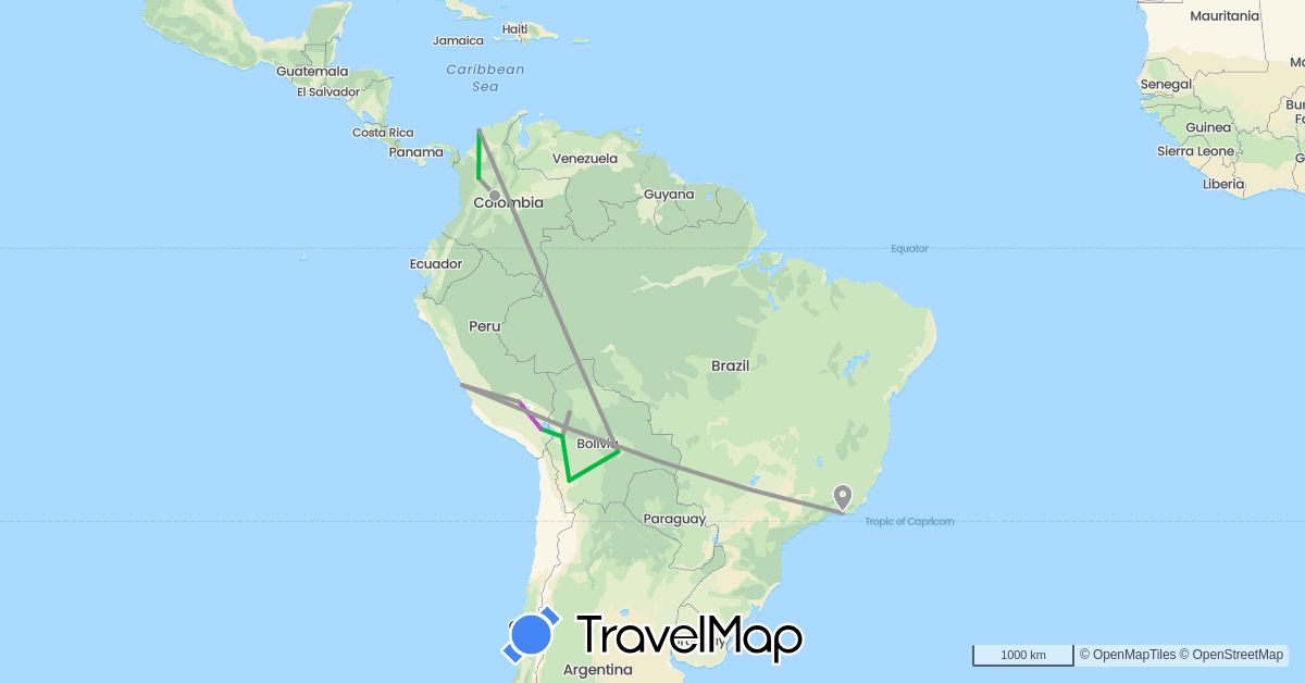 TravelMap itinerary: driving, bus, plane, train in Bolivia, Brazil, Colombia, Peru (South America)